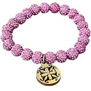Rustic Cuff Stretch Pink & Silver Logo Shambala Pave Rhinestone Bracelet